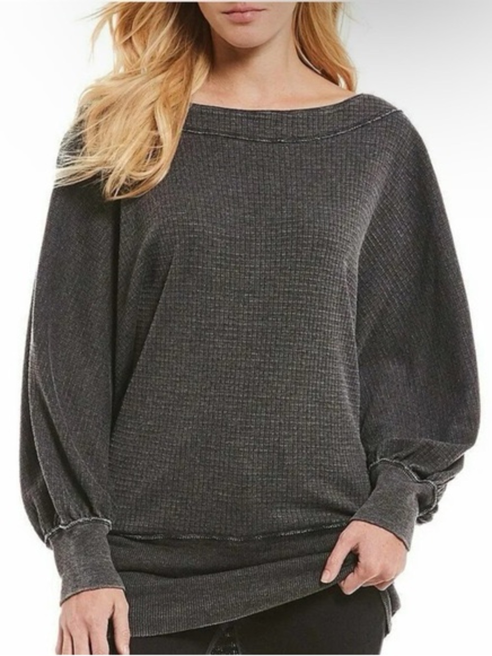 Free People We The Free Gray Mineral Wash Thermal Banded Waffle Knit Top Large - Picture 7 of 8